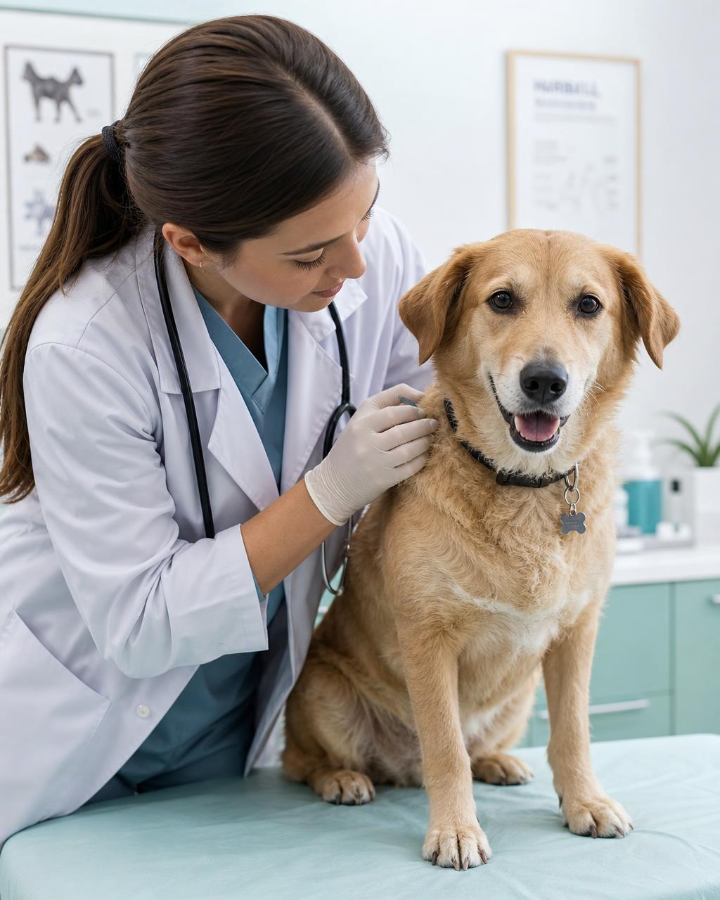 Tierärztin untersucht einen Hund in der Praxis